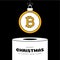 Bitcoin Christmas bauble pedestal. Merry Christmas sport greeting card. Hang on a thread bitcoin as a xmas ball on white podium on