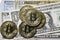 Bitcoin closeup on US currency
