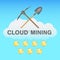 Bitcoin cloud mining with pickaxe and shovel on cloud logo