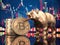 Bitcoin coin with bear and stock chart. Bearish market crash of BTC