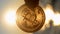 Bitcoin coin close up. Person holding Bitcoin coin background sea sun Vertical
