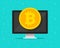 Bitcoin coin on computer vector illustration, flat cartoon concept of cryptocurrency mining, bitcoin electronic money