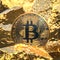 Bitcoin coin among gold nuggets