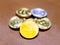 Bitcoin coin gold and silver color on wood background, stack of bitcoin coin golden over bitcoin coin silver, cryptocurrency