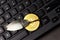 Bitcoin coin on a hook over the keyboard. Concept catching money, money scam, cryptology scam