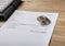 Bitcoin coin on paper invoice. Paying with crypto currency concept