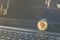 Bitcoin coin placed on black notebook . Close-Up Bitcoin , exchange virtual value, crypto digital money . Background Live Stock