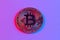 Bitcoin coin in red and blue neon light