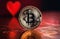 Bitcoin coin with red hearts on the red background, love, Bitcoin physical coin on red hearts for fans of