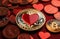 Bitcoin coin with red hearts on the red background, love, Bitcoin physical coin on red hearts for fans of