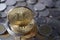 Bitcoin on coin stacks with unstable structure, cryptocurrency concept, business finance