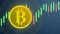 Bitcoin coin symbol on yellow money with trading graphic concept of a business idea with blue background. Abstract golden bit coin