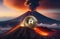 Bitcoin coin is on top of a volcano, volcanic eruption, cryptocurrency. Bitcoin cryptocurrency design. Photography of