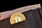 Bitcoin coin in a wallet leather and mexican banknote, bank of mexico pesos out of focus