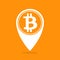 Bitcoin coin white icon on orange background, symbol bitcoin for use location pin logo, bitcoin symbol for map pointer concept
