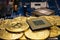 Bitcoin coins, CPU and printed circuit board PCB
