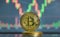 Bitcoin coins are placed on a candlestick background