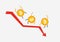 Bitcoin crash graph vector. Bitcoin price drops. Price Market Value Going Down. Cryptocurrency cartoon concept