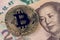 Bitcoin crypto currency banned in China concept, closed up shot