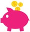 Bitcoin crypto currency icon or logo on coins and a piggy bank.