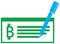 Bitcoin crypto currency icon or logo on a pay check or cheque with a pen writing.