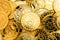 Bitcoin cryptocurrency background. A bunch of golden bitcoin, Digital currency