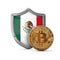Bitcoin cryptocurrency coin in front of a Mexico flag shield. 3D Render