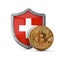 Bitcoin cryptocurrency coin in front of a Switzerland flag shield. 3D Render