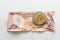 Bitcoin cryptocurrency coin shared with UAE dirham banknote