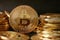 Bitcoin Cryptocurrency Coins. Virtual Money On Table Close Up