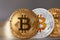 Bitcoin Cryptocurrency Coins. Virtual Money On Table Close Up