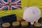 Bitcoin and cryptocurrency investing. Niue flag in background. Piggy bank, the of saving concept. Mobile application for trading