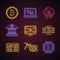 Bitcoin cryptocurrency neon light icons set