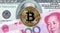 Bitcoin cyber single coin on mixed paper currency background