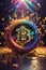 Bitcoin design exploding into a burst of rainbow-hued digital particles