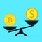 Bitcoin and dollar on scales. Crypto currency outweighs money. Flat design of business vector.