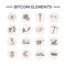 Bitcoin elements hand drawn doodle set. Sketches. Vector illustration for design and packages product. Symbol collection
