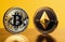 Bitcoin ETF coin, Ethereum, ETH, gold yellow, trading, chart, money, rich. Close-up bitcoin coin with flying coins