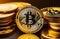 Bitcoin ETF coin, gold yellow, trading, chart, money, rich. Close-up bitcoin coin with flying coins. Bitcoin Crypto