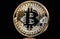 Bitcoin ETF coin, gold yellow, trading, chart, money, rich. Close-up bitcoin coin with flying coins. Bitcoin Crypto