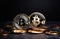 Bitcoin ETF coin, gold yellow, trading, chart, money, rich. Close-up bitcoin coin with flying coins. Bitcoin Crypto