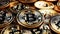 Bitcoin ETF coin, gold yellow, trading, chart, money, rich. Close-up bitcoin coin with flying coins. Bitcoin Crypto