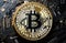 Bitcoin ETF coin, gold yellow, trading, chart, money, rich. Close-up bitcoin coin with flying coins. Bitcoin Crypto