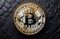 Bitcoin ETF coin, gold yellow, trading, chart, money, rich. Close-up bitcoin coin with flying coins. Bitcoin Crypto