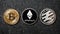 Bitcoin, Ethereum, Litecoin coins on black