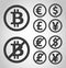 Bitcoin, euro, dollar, font and yen money icons