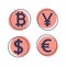 Bitcoin, euro, dollar and yuan on a white background. Digital currency. Cryptocurrency. Vector illustration of cool