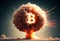 Bitcoin explosion in a fireball surrounded by flames on a black background