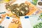 Bitcoin on fifty and one hundred euro banknotes. Euro paper money, orange and green bills