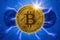 Bitcoin with fire spark effect golden blue color